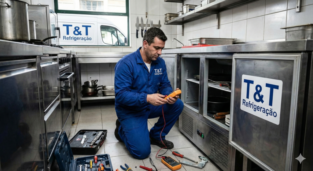 Imagem representando o técnico Tiago fazendo conserto de geladeira em Ricardo de Albuquerque RJ, uma imagem ilustrativa.